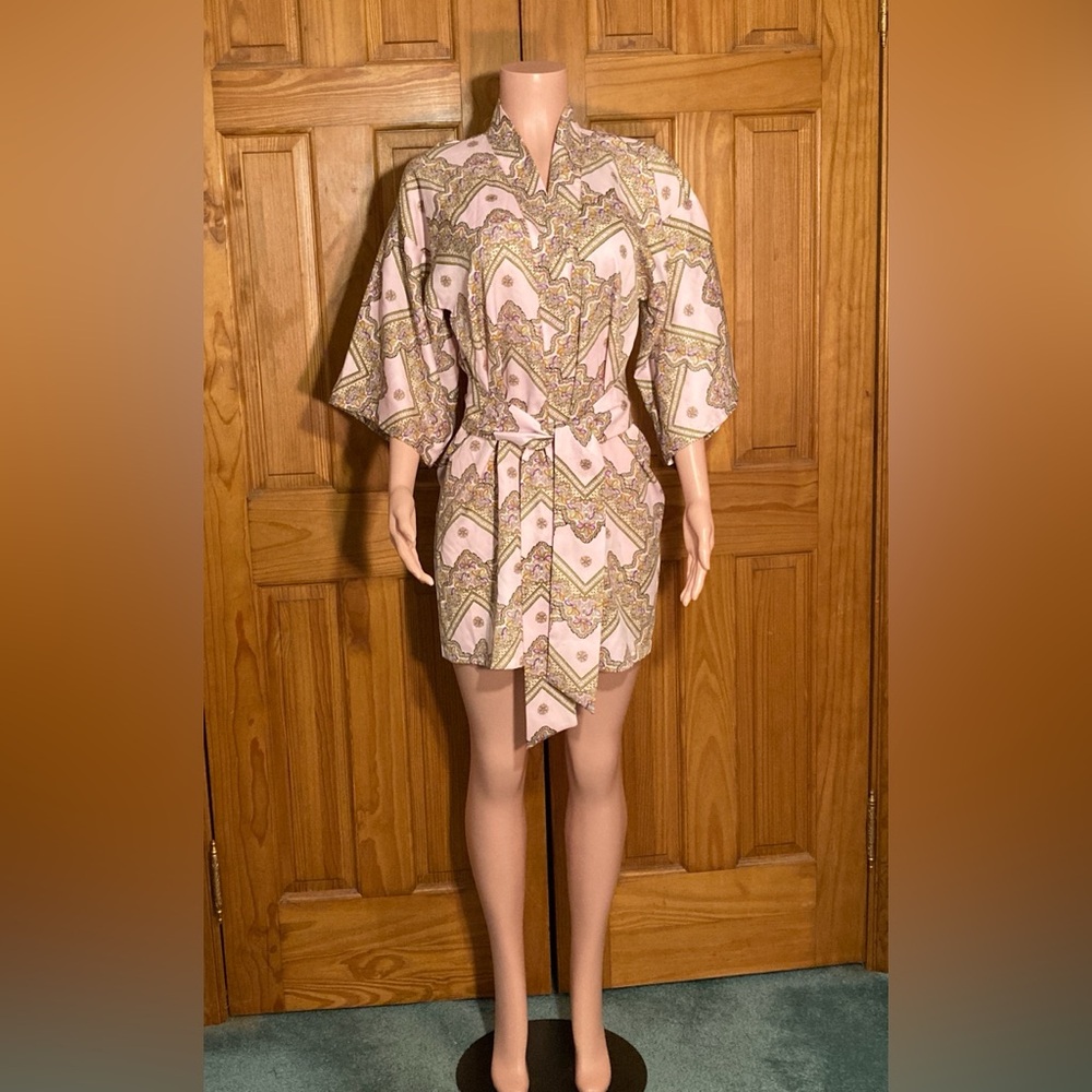 EUC Montgomery Ward Vintage 70s Robe Lightweight 3/4 Sleeve Mini Pink Brown Sz S